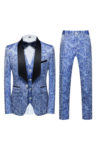 Light Blue Lapel Jacquard 3 Piece Men's Prom Suits