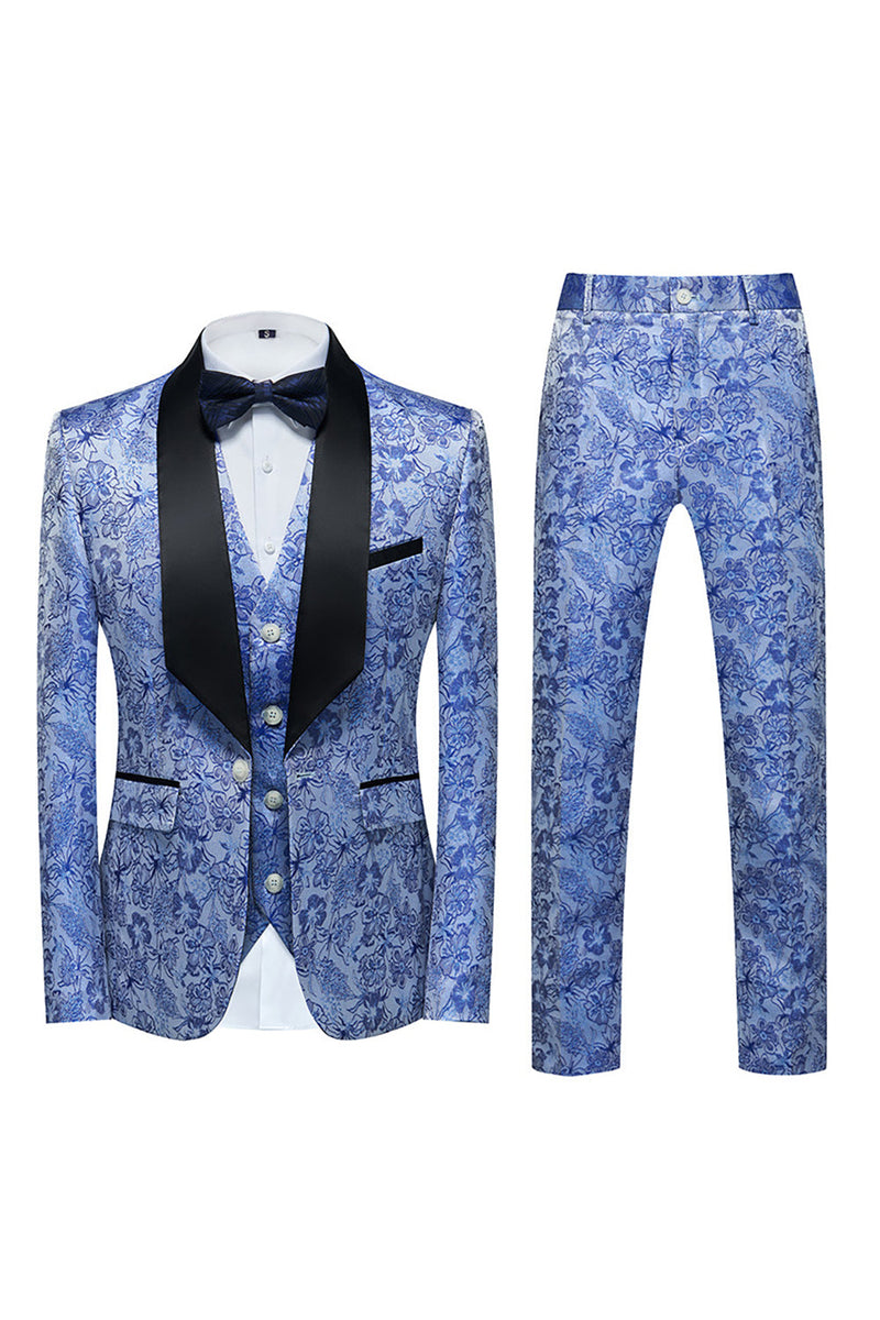 Load image into Gallery viewer, Light Blue Lapel Jacquard 3 Piece Men&#39;s Prom Suits