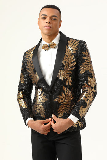 2 Piece Black and Gold Jacquard Sequins Men's Prom Suits
