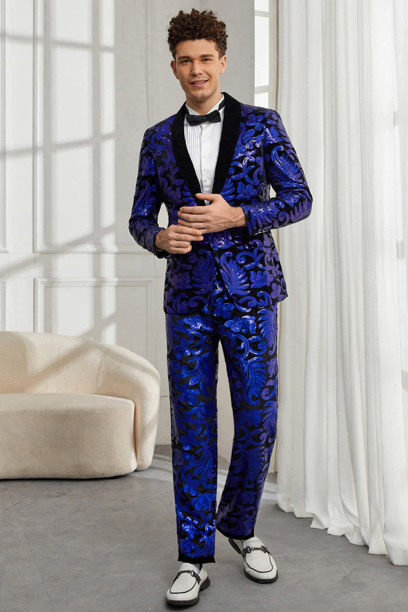 Load image into Gallery viewer, Shawl Lapel One Button Royal Blue Sequins Men&#39;s 2 Pieces Suits