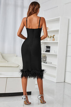 Black Midi Bodycon Party Dress with Feathers
