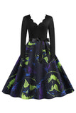 V Neck Black Halloween Printed Vintage Dress