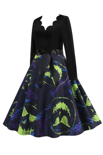 V Neck Black Halloween Printed Vintage Dress