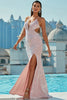 Load image into Gallery viewer, Light Pink Halter Neck Sequined Mermaid Prom Dress