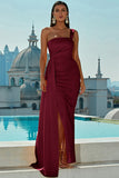 One Shoulder Burgundy Prom Dress With Slit