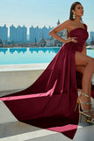 One Shoulder Burgundy Prom Dress With Slit