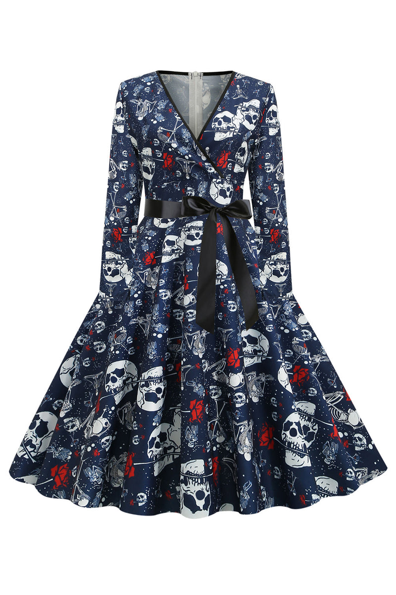 Load image into Gallery viewer, V Neck Skull Printed Navy Halloween Dress