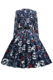 V Neck Skull Printed Navy Halloween Dress