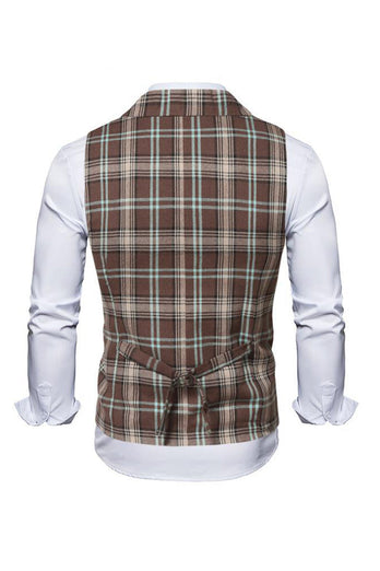 Coffee Peak Lapel Plaid Men Vest with Shirt Accessories Set