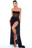 Black Strapless Velvet Prom Dress with Slit