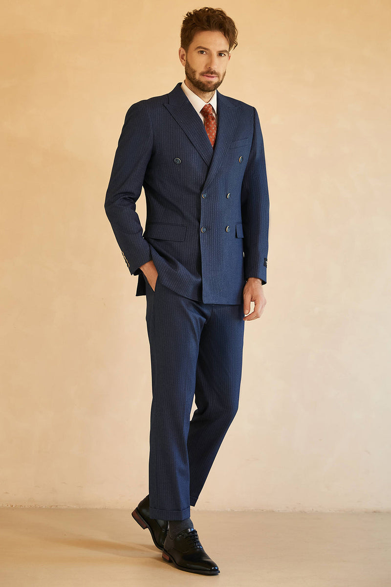 Load image into Gallery viewer, Dark Blue Double Breasted Pinstripe 3 Piece Men&#39;s Suits