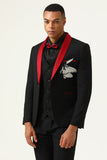 3 Piece Black Red Shawl Lapel Men's Prom Suits