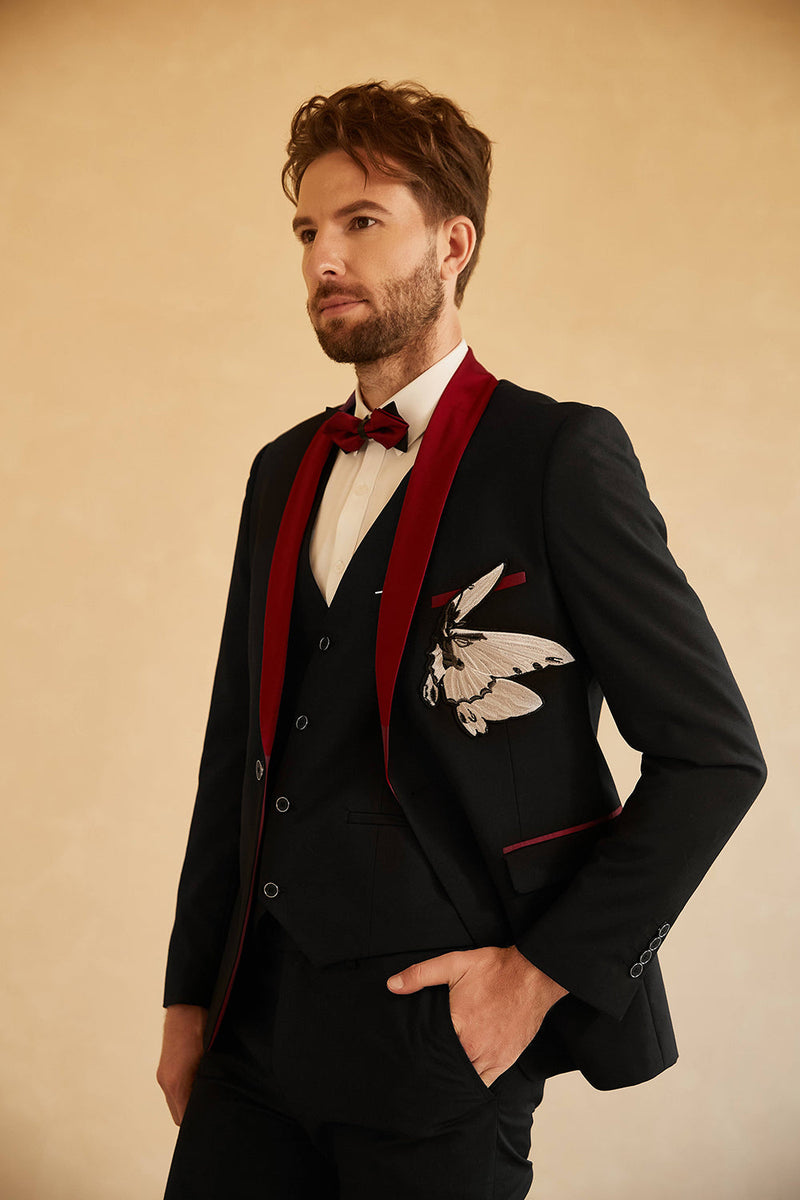 Load image into Gallery viewer, Black Red Shawl Lapel Men&#39;s Prom Suit