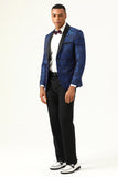 One Button Blue Shawl Lapel Jacquard Men's Prom Blazer