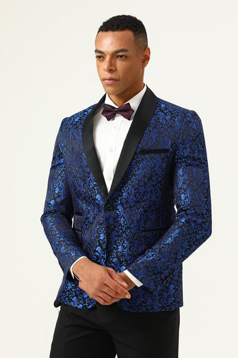 One Button Blue Shawl Lapel Jacquard Men's Prom Blazer