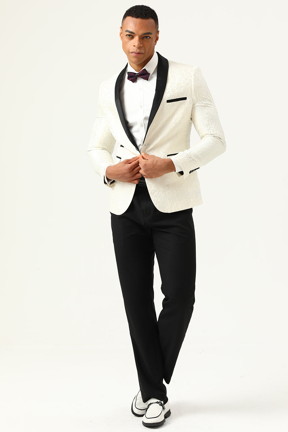One Button White Shawl Lapel Jacquard Men's Prom Blazer