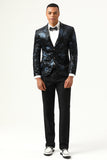 Black Blue Single-Breasted Two-Button Printed Men's Blazer