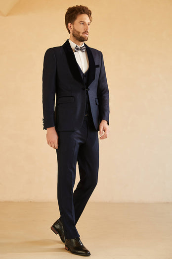 Shawl Lapel 3-Piece One Button Navy Wedding Suits For Men