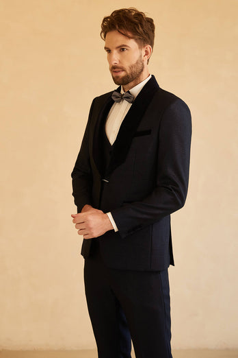Shawl Lapel 3-Piece One Button Navy Wedding Suits For Men