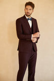 3 Piece Peak Lapel One Button Burgundy Men's Suit