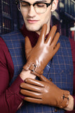 Black Leather Buckled Winter Gloves For Men