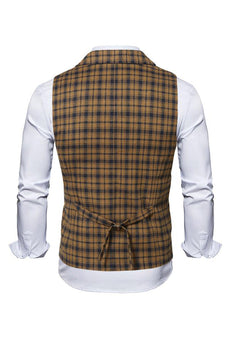Coffee Notched Lapel Plaid Men's Suit Vest