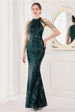 Mermaid Halter Dark Green Sequins Long Prom Dress