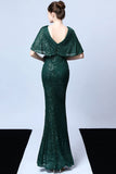 Mermaid V Neck Dark Green Sequins Long Prom Dress with Short Sleeves