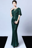 Mermaid V Neck Dark Green Sequins Long Prom Dress with Short Sleeves