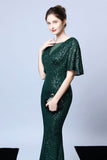 Mermaid V Neck Dark Green Sequins Long Prom Dress with Short Sleeves