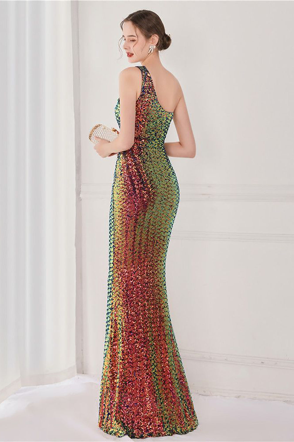 Colorful One Shoulder Sequined Mermaid Evening Dress