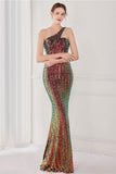 Colorful One Shoulder Sequined Mermaid Evening Dress