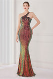 Colorful One Shoulder Sequined Mermaid Evening Dress