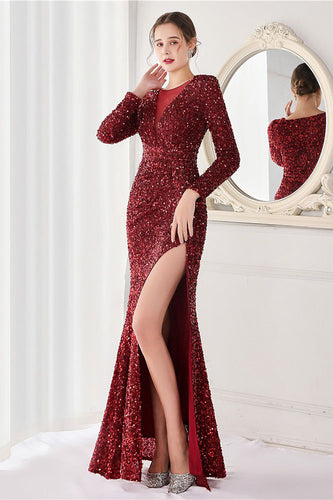 Burgundy Sequined Long Sleeves Evening Dress with Slit