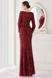 Burgundy Sequined Long Sleeves Evening Dress with Slit