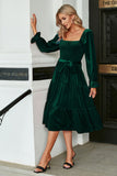 Dark Green Velvet Square Neck Holiday Party Dress