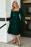 Dark Green Velvet Square Neck Holiday Party Dress