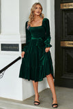 Dark Green Velvet Square Neck Holiday Party Dress