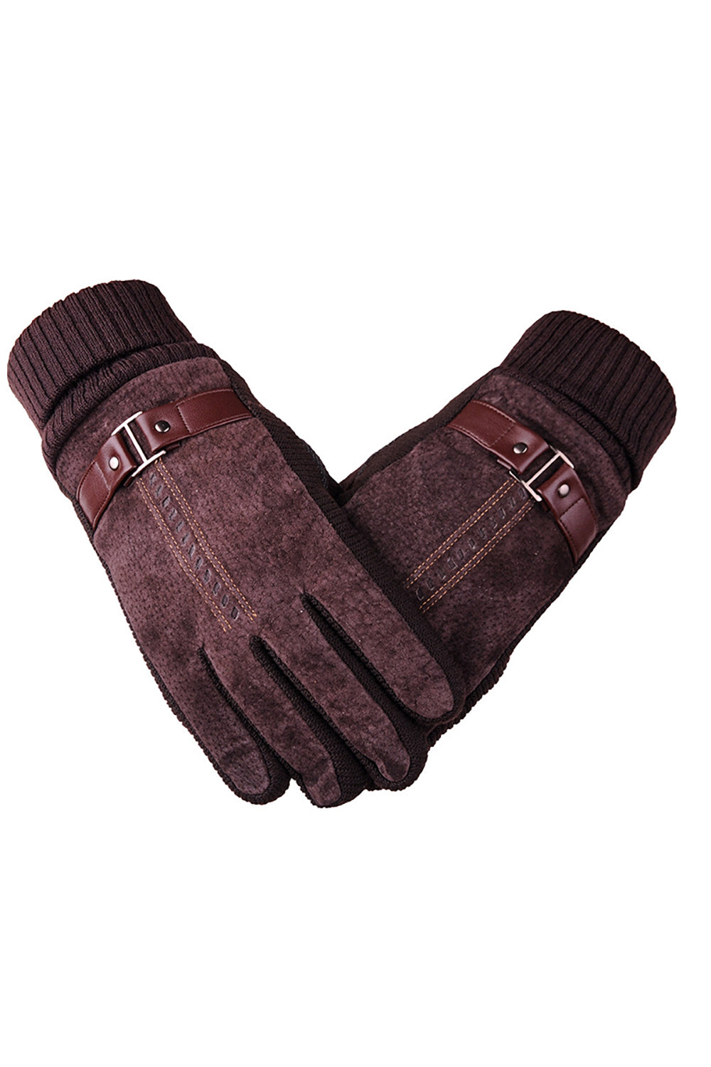 Brown Kintted Pigskin Fleece Gloves For Men