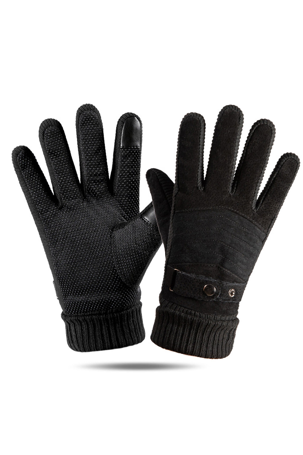 Black Pigskin Buckled Fleece Gloves For Men