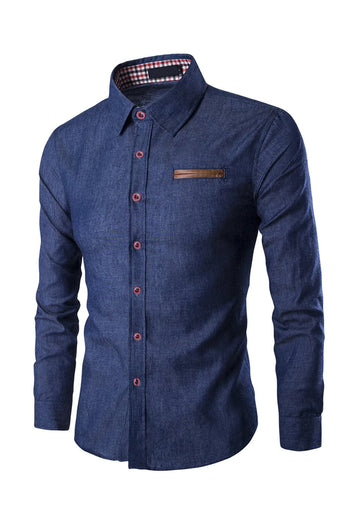 Cotton Long Sleeve Plus Size Blue Men's Shirt