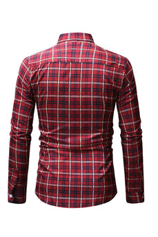 Plaid Print Slim Lapel Long Sleeve Burgundy Shirt