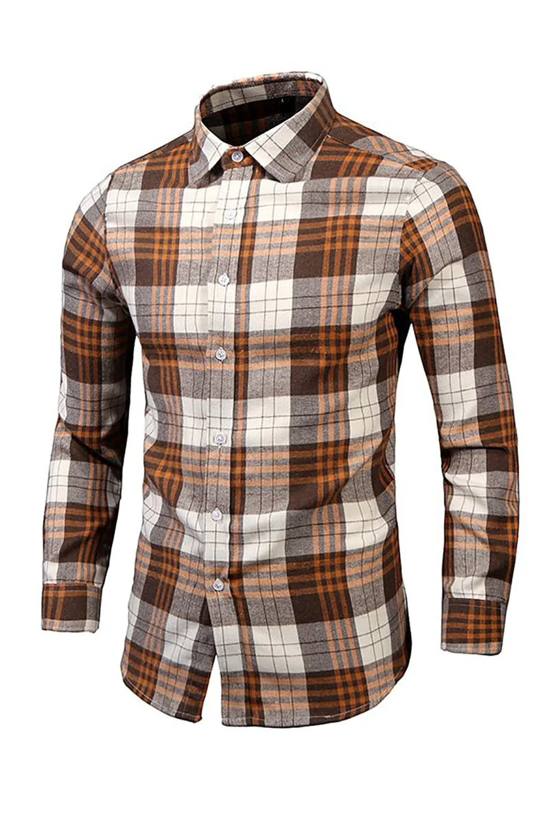Load image into Gallery viewer, Brown Striped Plaid Plus Size Men&#39;s Shirt