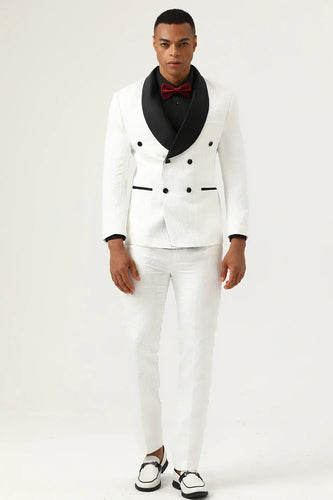 White Jacquard Shawl Lapel Double Breasted 2 Piece Men's Suits