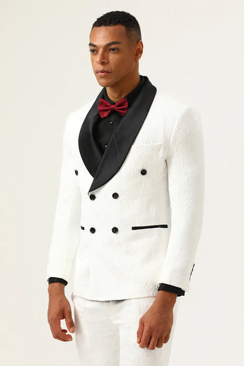 White Jacquard Shawl Lapel Double Breasted 2 Piece Men's Suits
