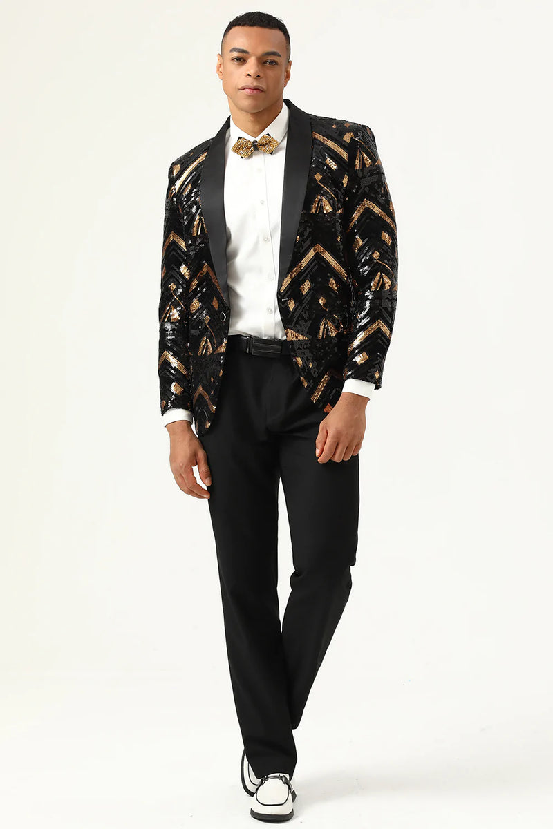 Load image into Gallery viewer, Sparkly Black and Golden Sequins Men&#39;s Prom Blazer