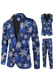 Blue Snowflake Printed 3 Piece Men's Christmas Party Suits