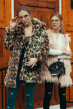 Brown Leopard Lapel Neck Midi Faux Fur Shearling Coat