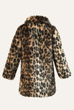 Brown Leopard Lapel Neck Midi Faux Fur Shearling Coat