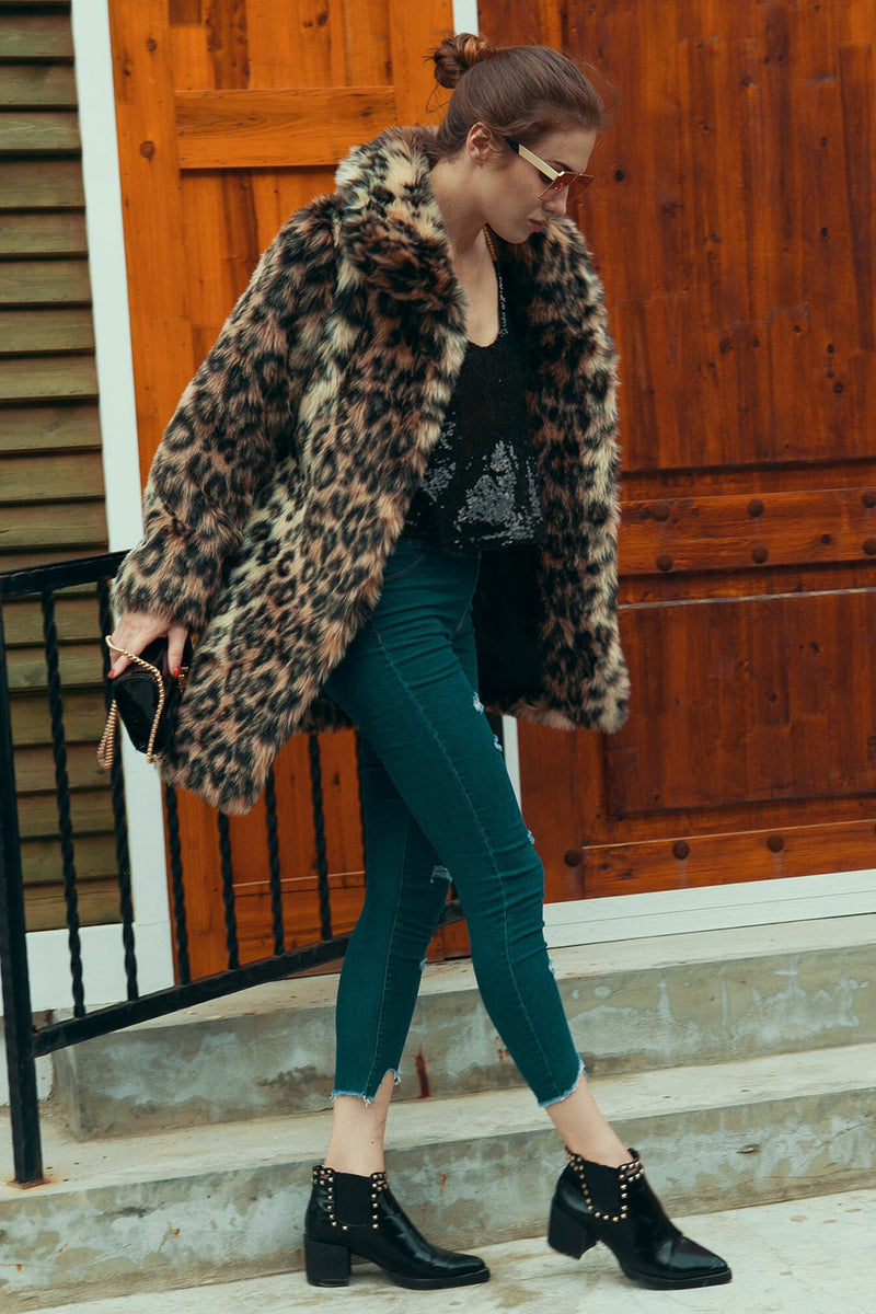 Load image into Gallery viewer, Brown Leopard Lapel Neck Midi Faux Fur Shearling Coat